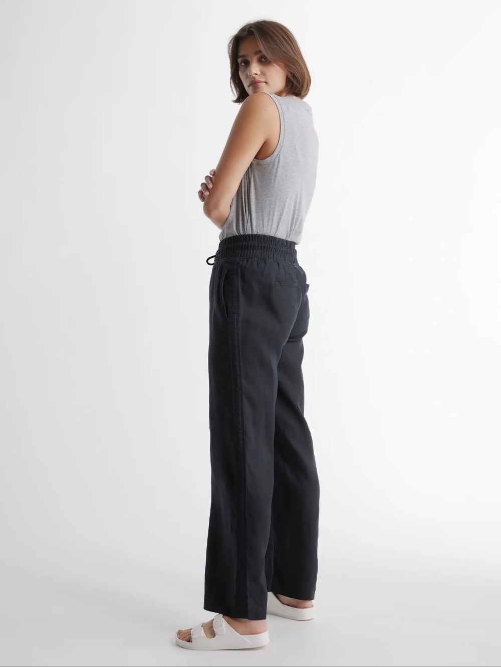Quince 100% European Linen Pull-on Drawstring Wide Leg Pants Black Sz Large - Picture 2 of 11